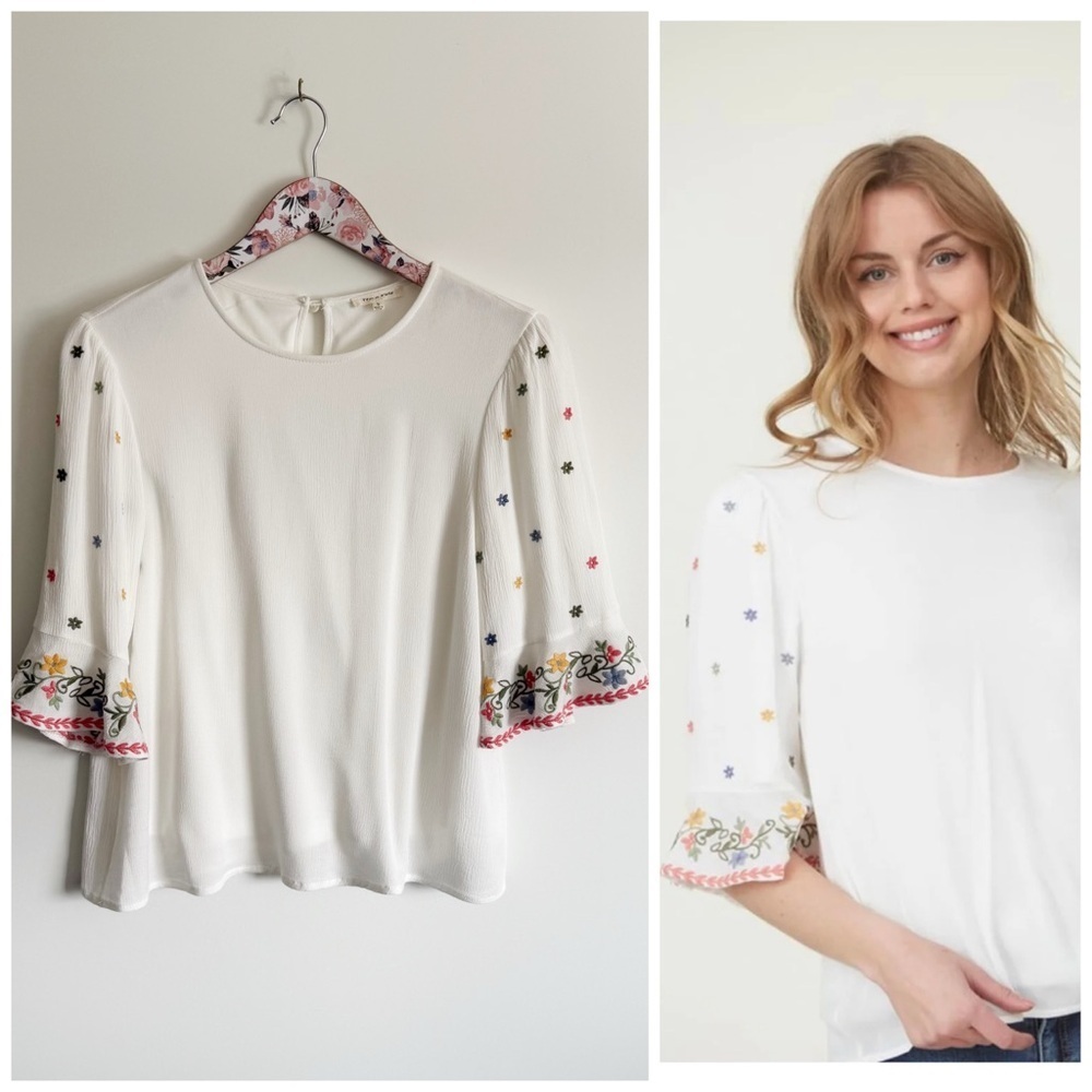 TEA ‘n ROSE White Floral Embroidered Sleeve Blouse Top Women’s Small S